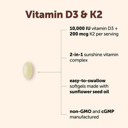 Micro Ingredients Vitamin D3 10,000 IU + K2 MK-7 200 mcg Per Serving, 90 Softgels | Extra Strength* 2-in-1 D3 K2 Supplement - Maple Wellness Supplements