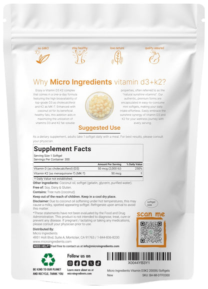 Micro Ingredients Vitamin D3 2,000 IU + K2 MK-7 50 mcg, 300 Softgels | Virgin Coconut Oil | 2-in-1 Support | Easy to Swallow, Non-GMO - Maple Wellness Supplements