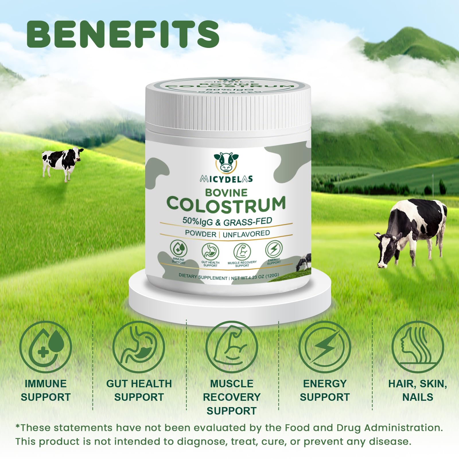 MICYDELAS Bovine Colostrum Supplement Powder 50% IgG Premium Bovine Colostrum for Gut Health Support, Immune Support, Muscle Recovery & Overall Wellness, Grass Fed, Non-GMO, Unflavored, 60 Servings - Maple Wellness Supplements