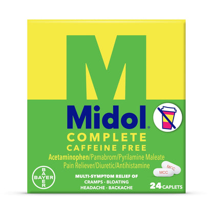 Midol Complete Caffeine Free Caplets 24ct: Midol Complete Caffeine Free Menstrual Pain Relief Caplets with Acetaminophen, Provides Headache Relief and Period Cramps Relief, 24 Count - Maple Wellness Supplements
