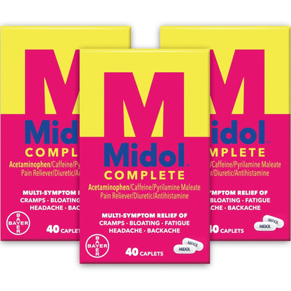 Midol Complete Menstrual Pain Relief Caplets with Acetaminophen for Period Cramps, and Menstrual Symptom Relief - 40 Count (Pack of 3) (Packaging May Vary) - Maple Wellness Supplements