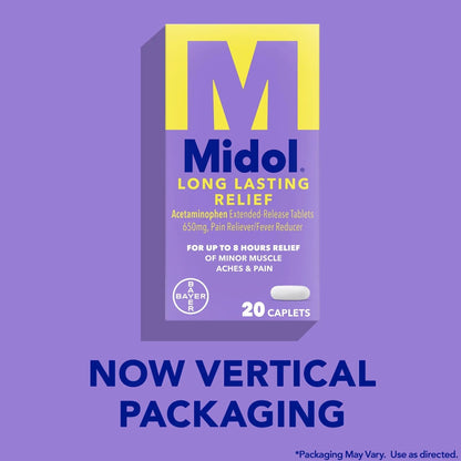 Midol Long Lasting Relief 20ct: Midol Long Lasting Relief, Menstrual Symptom Reliever & Fever Reducer, Caplets with Acetaminophen for Menstrual Pain Relief - 20 Count (Packaging May Vary) - Maple Wellness Supplements