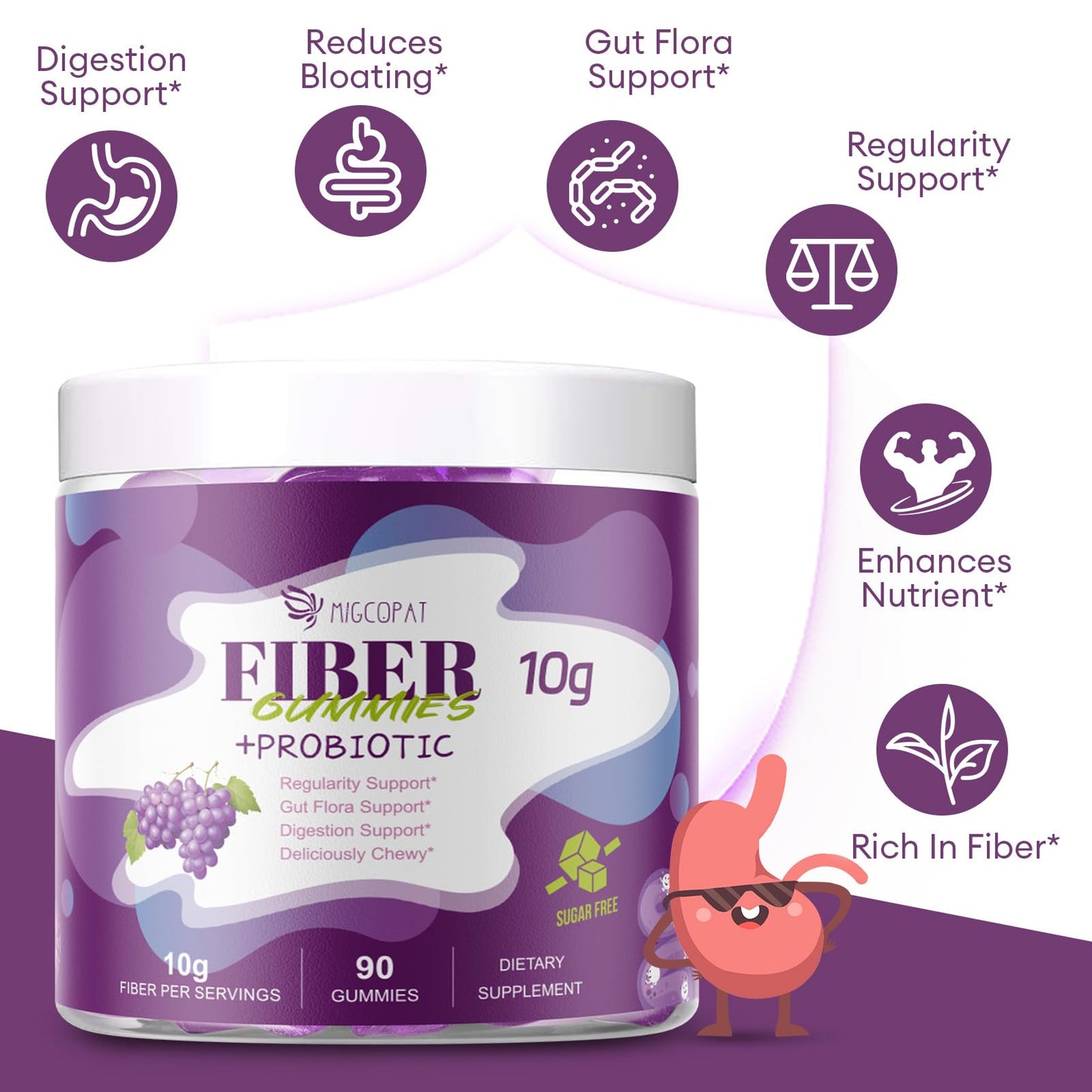 Migcopat 10G Fiber Gummies for Adults, No Sugar Added Grape Flavor, Fiber Supplement with 30 Billion CFU Probiotics Blend, ACV, Vitamin C, - Maple Wellness Supplements