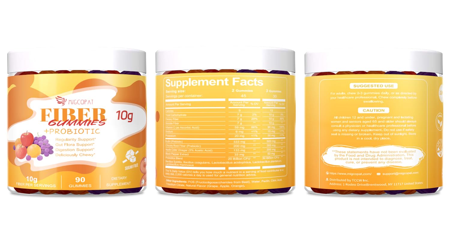 Migcopat 10G Fiber Gummies for Adults - Support Digestive Health - Fiber Supplement with 30 Billion CFU Probiotics Blend, ACV, Vitamin C, Inulin - No Sugar Added - Fruit Flavored - 180 Count - Maple Wellness Supplements