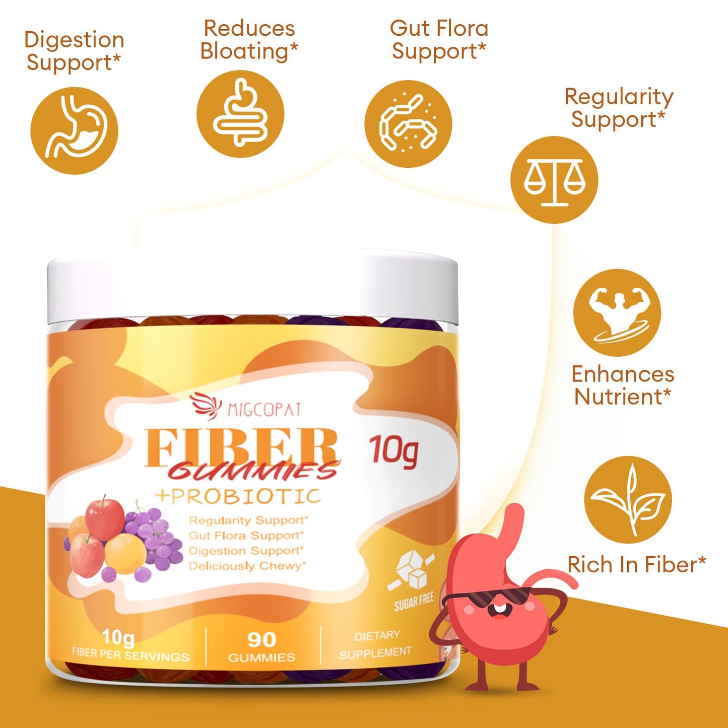 Migcopat 10G Fiber Gummies for Adults - Support Digestive Health - Fiber Supplement with 30 Billion CFU Probiotics Blend, ACV, Vitamin C, Inulin - No Sugar Added - Fruit Flavored - 180 Count - Maple Wellness Supplements