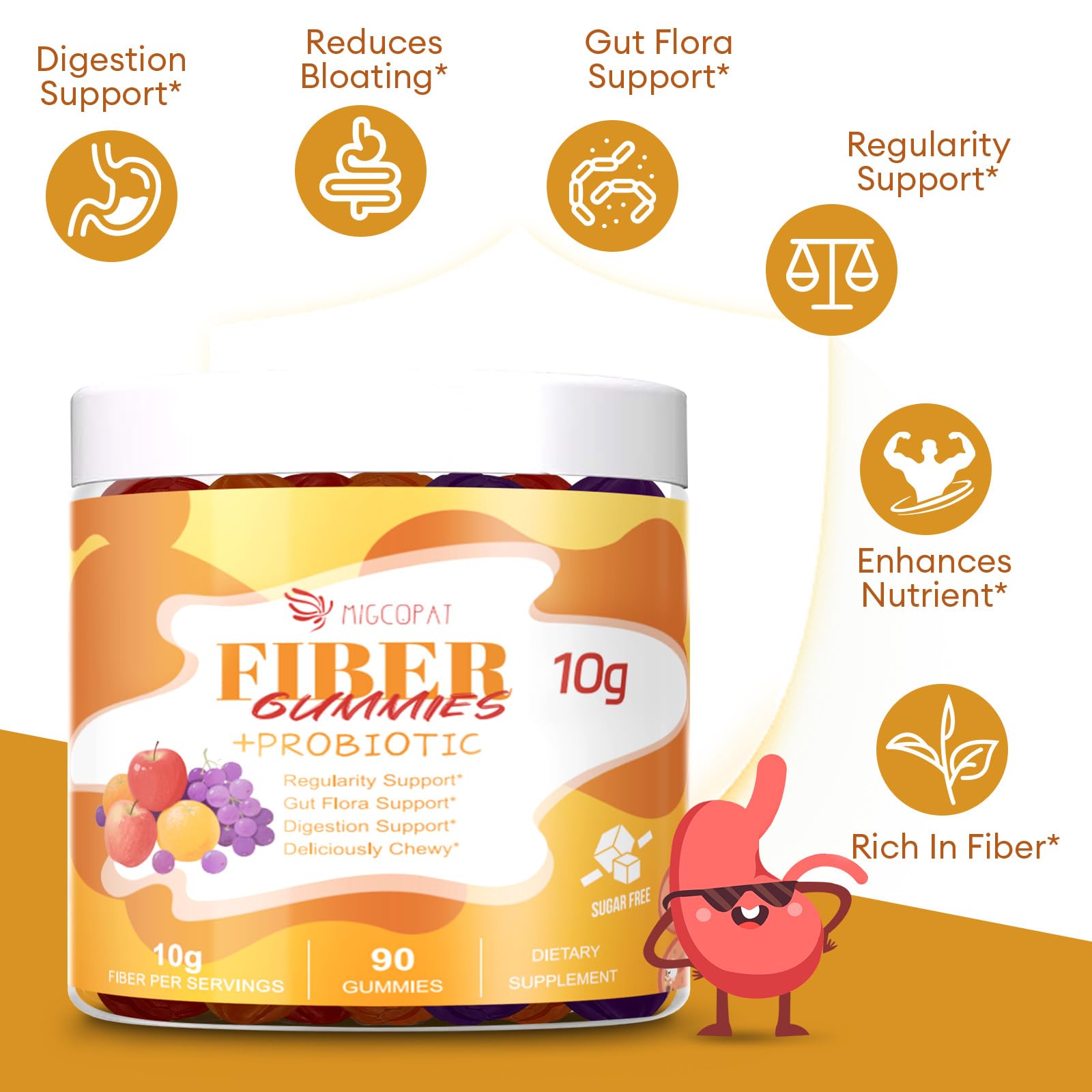 Migcopat 10G Fiber Gummies for Adults - Support Digestive Health - Fiber Supplement with 30 Billion CFU Probiotics Blend, ACV, Vitamin C, Inulin - No Sugar Added - Fruit Flavored - 180 Count - Maple Wellness Supplements