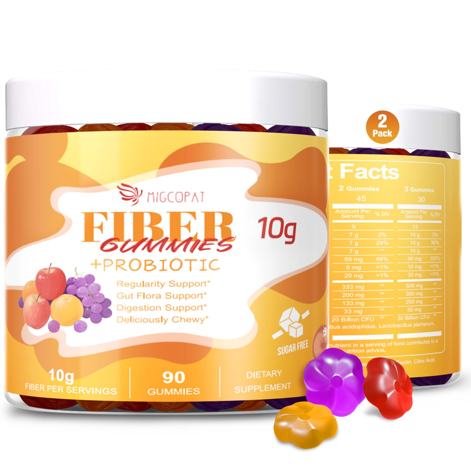 Migcopat 10G Fiber Gummies for Adults - Support Digestive Health - Fiber Supplement with 30 Billion CFU Probiotics Blend, ACV, Vitamin C, Inulin - No Sugar Added - Fruit Flavored - 180 Count - Maple Wellness Supplements