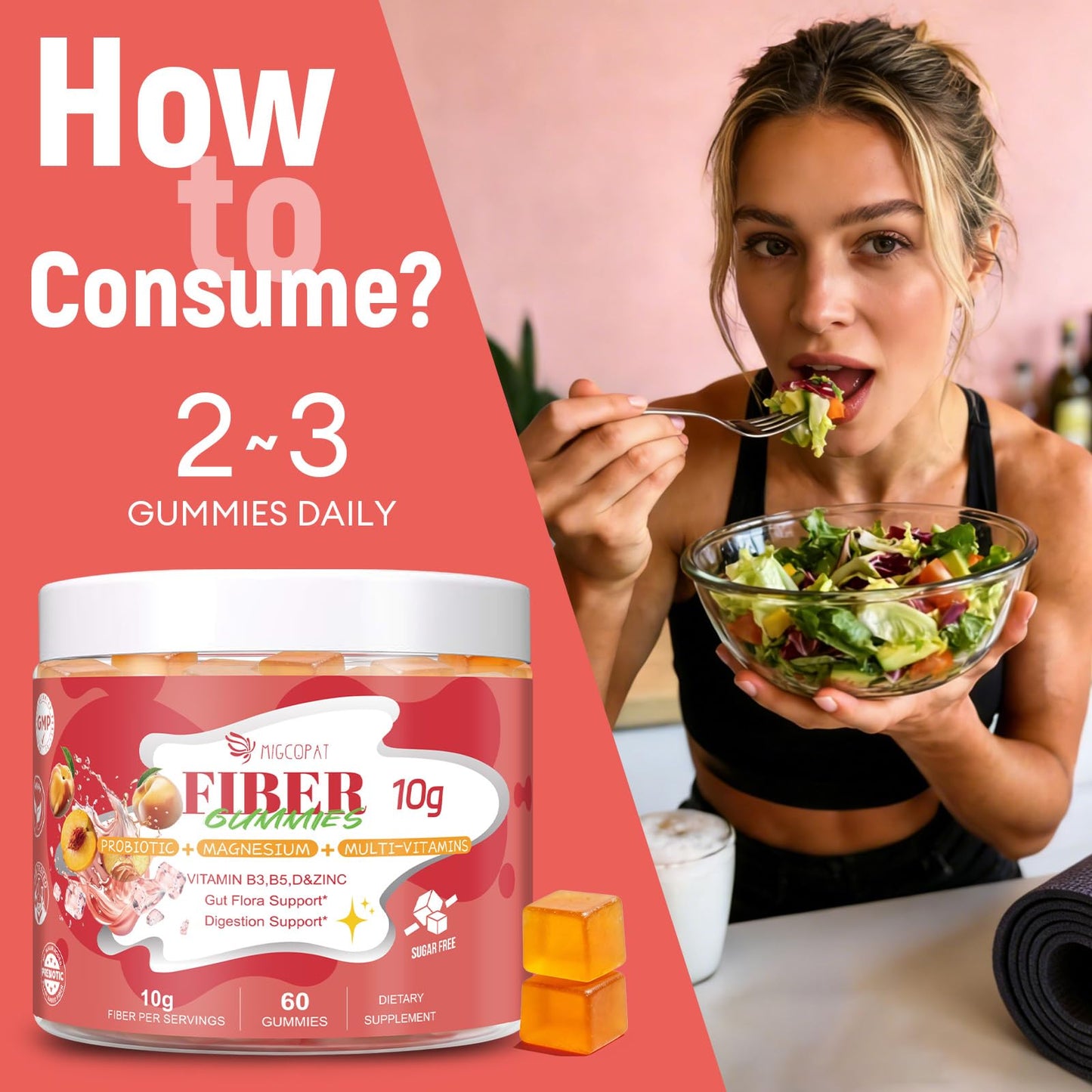 Migcopat 10G Fiber Gummies for Adults with Vitamins C, D, B3, B5 - Digestive & Gut Health Gummies with 30 Billion CFU Probiotics Blend, Inulin, ACV, Magnesium, Zinc - Maple Wellness Supplements