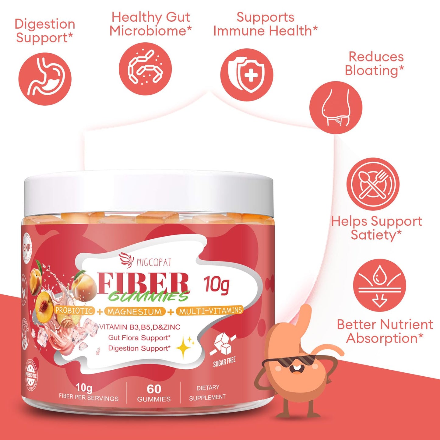 Migcopat 10G Fiber Gummies for Adults with Vitamins C, D, B3, B5 - Digestive & Gut Health Gummies with 30 Billion CFU Probiotics Blend, Inulin, ACV, Magnesium, Zinc - Maple Wellness Supplements