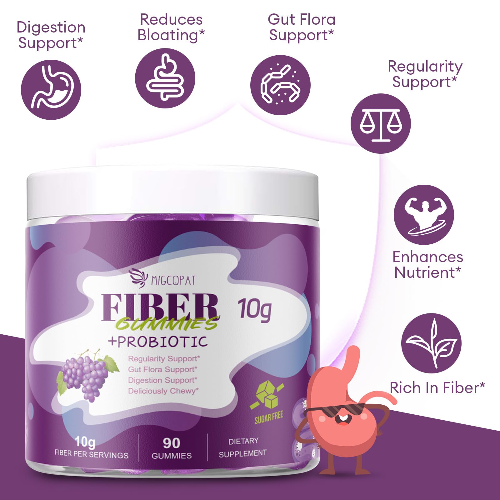 Migcopat 10G Fiber Gummies with 30 Billion CFU Probiotics, Grape Flavor, Bloating Support, Fiber Supplement with Vitamin C, - Maple Wellness Supplements