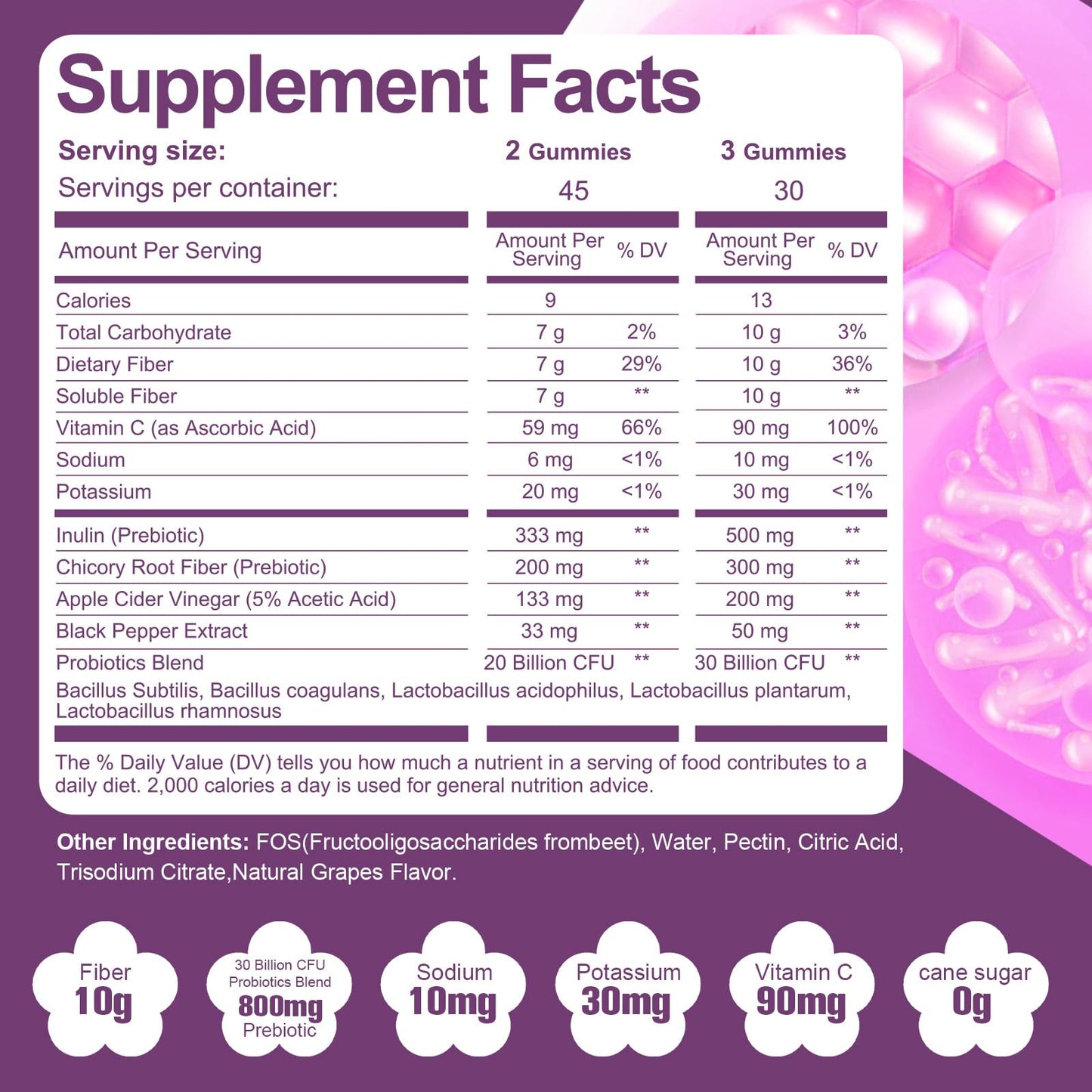 Migcopat 10G Fiber Gummies with 30 Billion CFU Probiotics, Grape Flavor, Bloating Support, Fiber Supplement with Vitamin C, - Maple Wellness Supplements