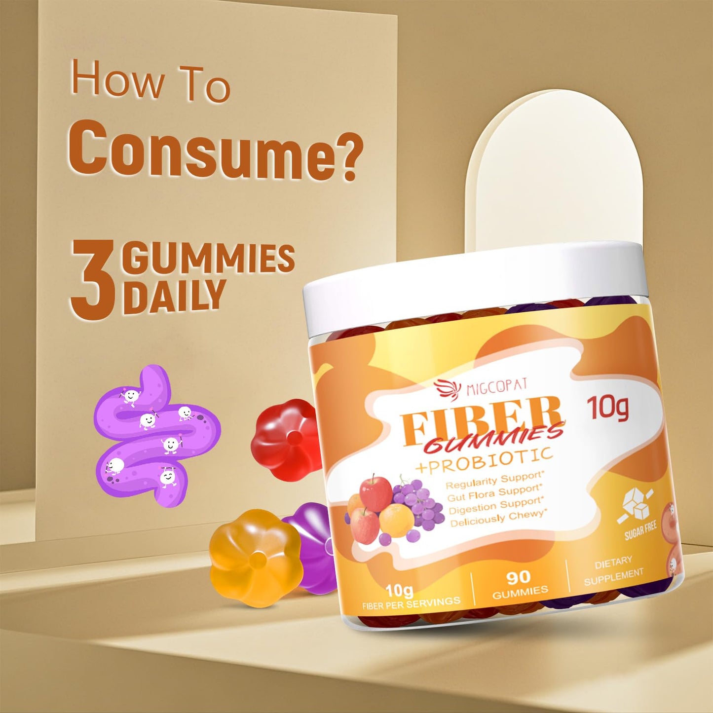Migcopat 10G Fiber Gummies with Probiotics, Fiber Supplement with 30 Billion CFU Probiotics Blend, ACV, Vitamin C, Inulin - Support Digestive Health - Maple Wellness Supplements