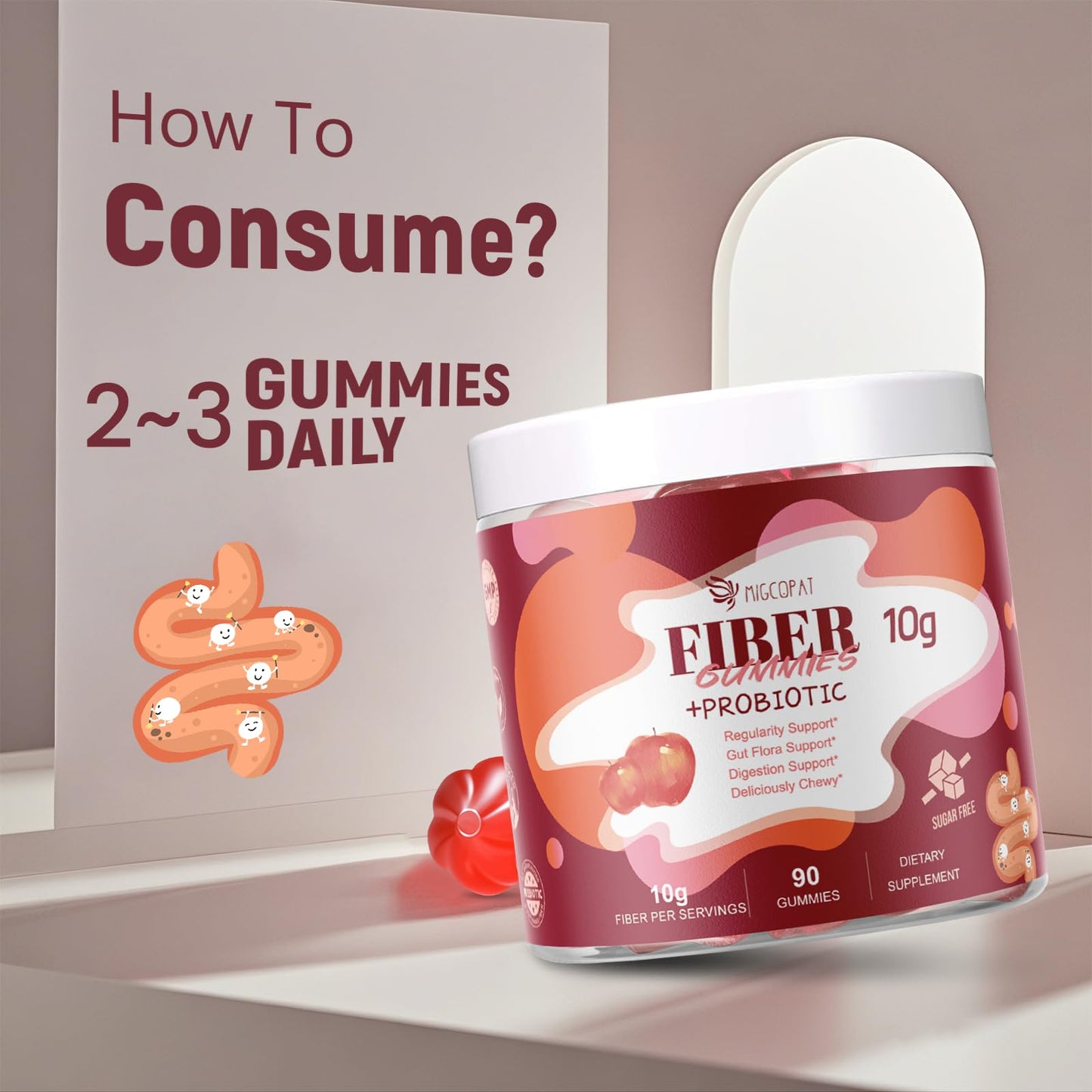 Migcopat Fiber Gummies with Probiotics,10G Fiber per Serving No Sugar Added Apple Flavor, with 10 Billion CFU Probiotics Blend, Apple Cider Vinegar, - Maple Wellness Supplements