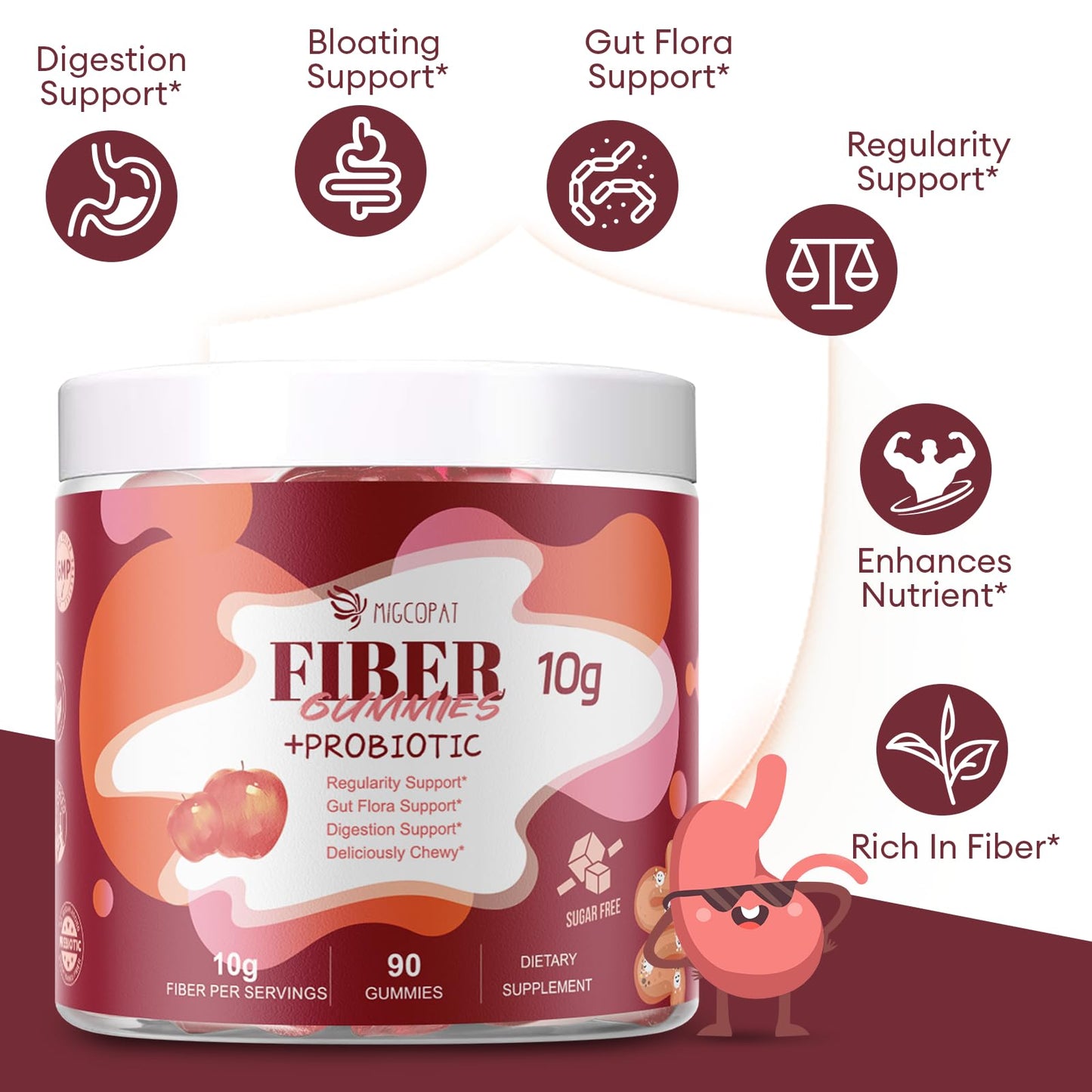 Migcopat Fiber Gummies with Probiotics,10G Fiber per Serving No Sugar Added Apple Flavor, with 10 Billion CFU Probiotics Blend, Apple Cider Vinegar, - Maple Wellness Supplements