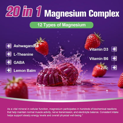 Migcopat Magnesium Complex Gummies, 20 in 1 Magnesium Gummy with Glycinate Citrate Malate Taurate - Ashwagandha, L-Theanine, D3&Zinc for Relaxation, Sleep, Muscle&Heart Support, Strawberry, 60 Cts - Maple Wellness Supplements