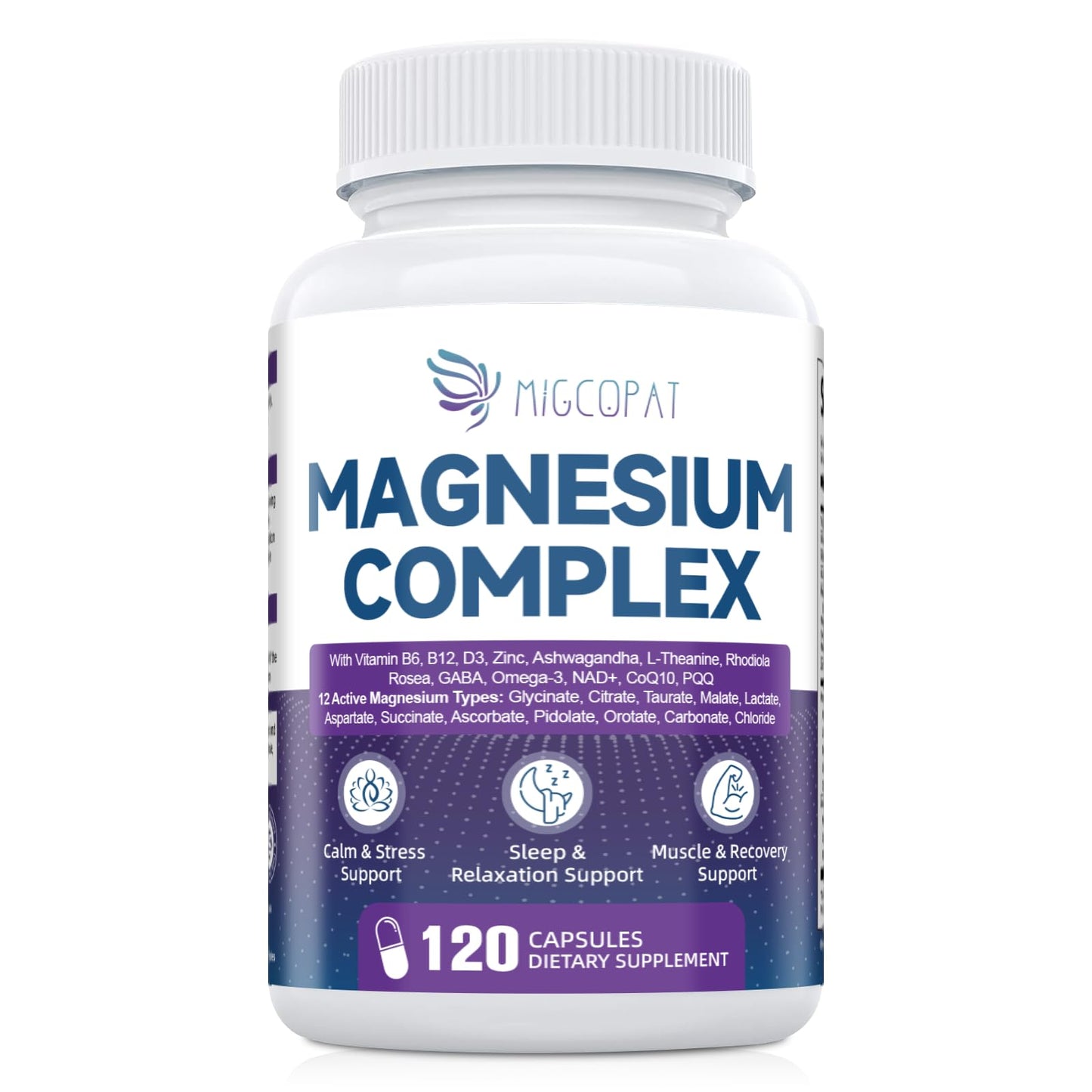 Migcopat Magnesium Complex w/Magnesium Glycinate, Malate, Citrate | 24-in-1 Magnesium Supplement w/Ashwagandha, L-Theanine & NAD+ | Supports Calm, Energy, Muscle & Sleep | Non-GMO, 120 Vegan Caps - Maple Wellness Supplements