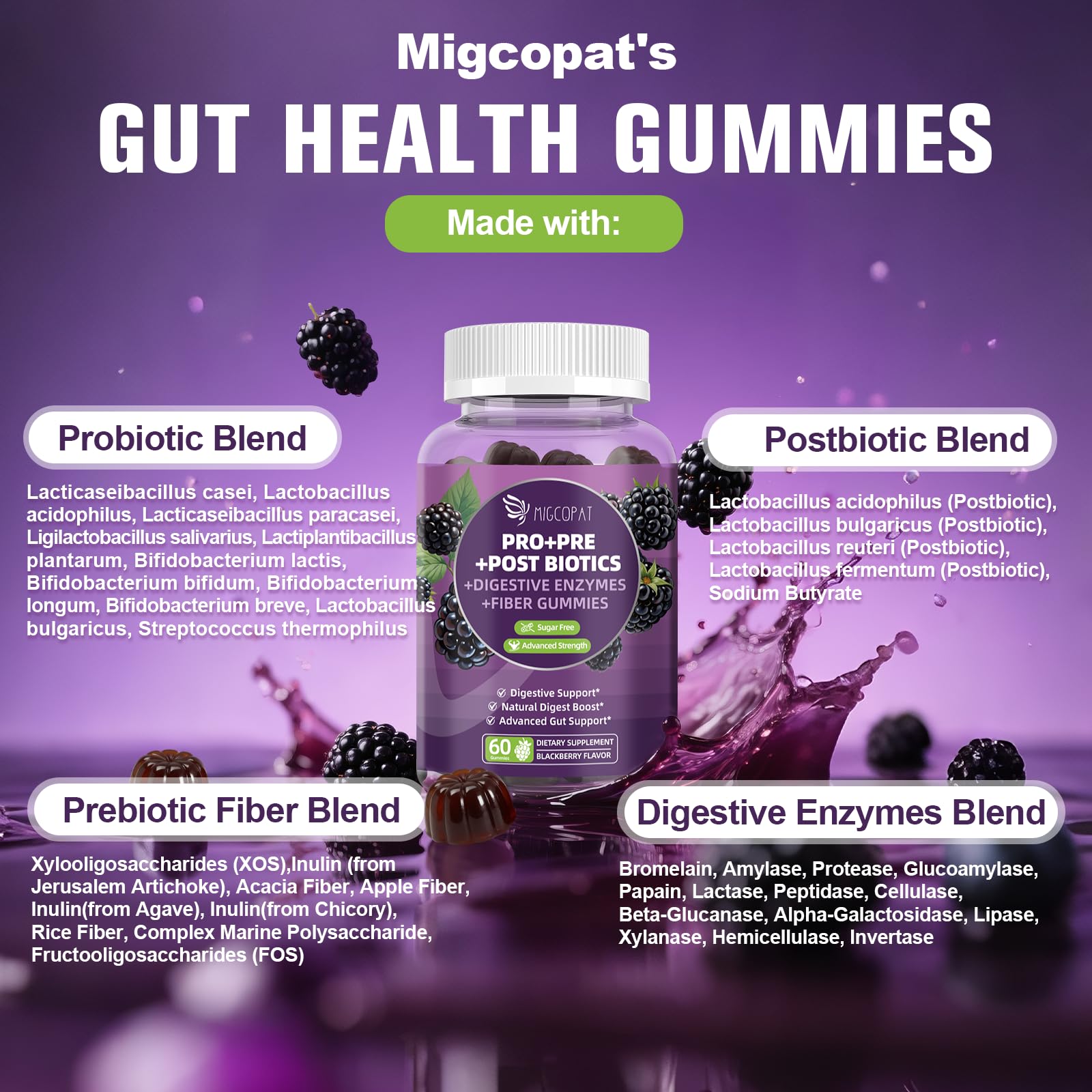 Migcopat Pre Post Probiotics Gummies, Probiotic Prebiotic Postbiotic Digestive Enzymes with Fiber, 120 Billion CFU Probiotics Complete Gut Support, Sugar Free - Maple Wellness Supplements