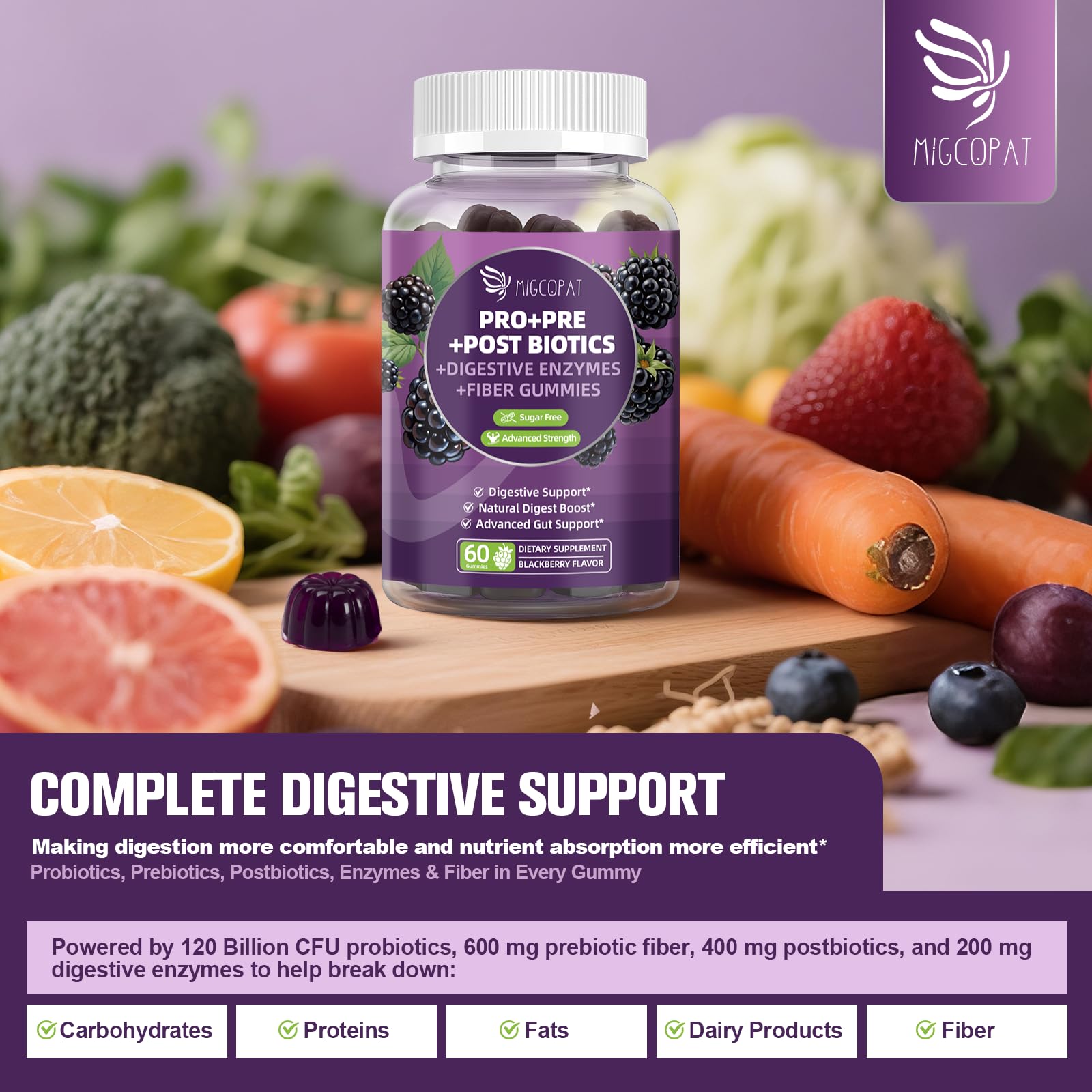 Migcopat Pre Post Probiotics Gummies, Probiotic Prebiotic Postbiotic Digestive Enzymes with Fiber, 120 Billion CFU Probiotics Complete Gut Support, Sugar Free - Maple Wellness Supplements