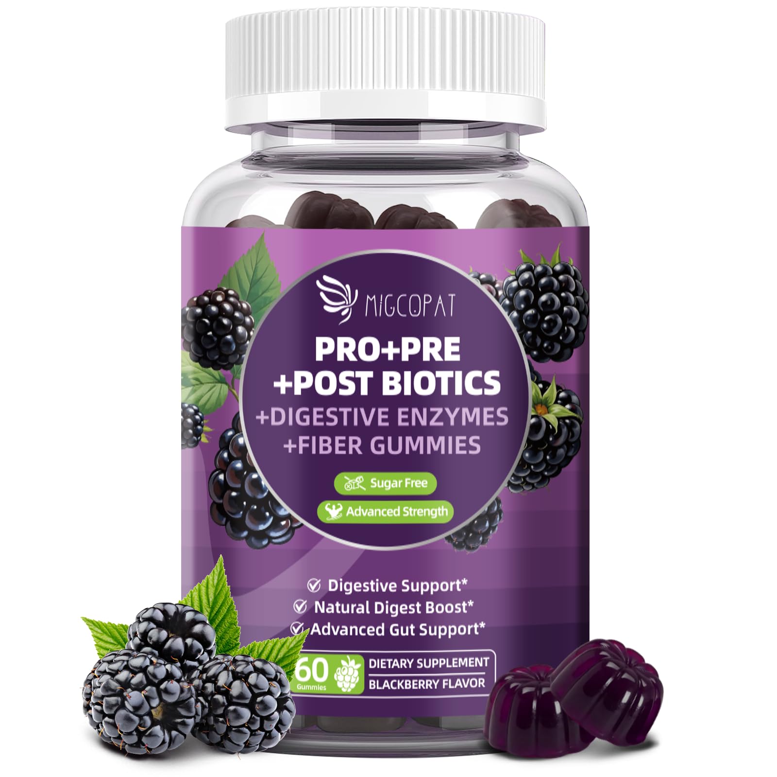 Migcopat Pre Post Probiotics Gummies, Probiotic Prebiotic Postbiotic Digestive Enzymes with Fiber, 120 Billion CFU Probiotics Complete Gut Support, Sugar Free - Maple Wellness Supplements