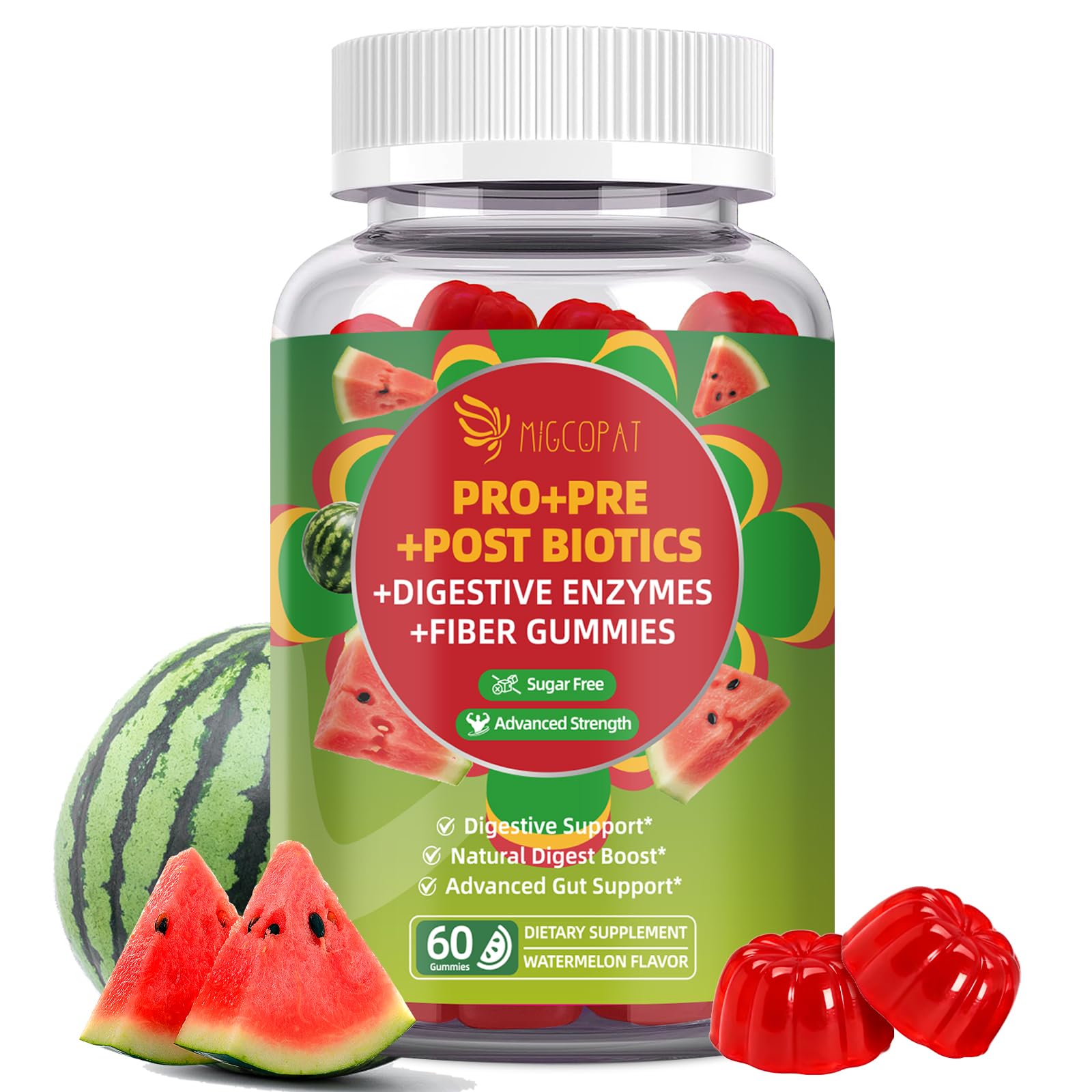 Migcopat Pre Post Probiotics Gummies, Probiotic Prebiotic Postbiotic Digestive Enzymes with Fiber, 120 Billion CFU Probiotics - Digestive Health - Maple Wellness Supplements