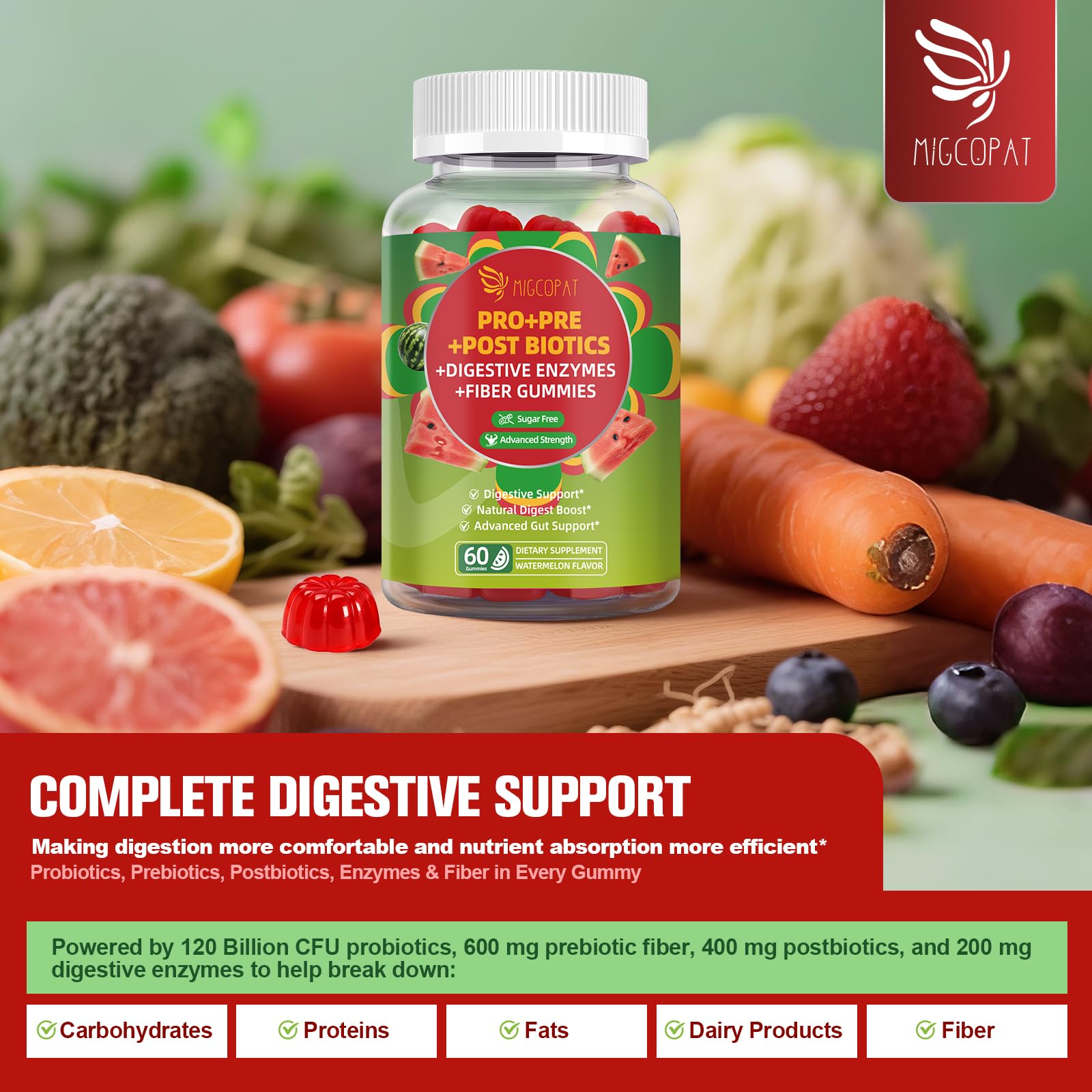 Migcopat Pre Post Probiotics Gummies, Probiotic Prebiotic Postbiotic Digestive Enzymes with Fiber, 120 Billion CFU Probiotics - Digestive Health - Maple Wellness Supplements