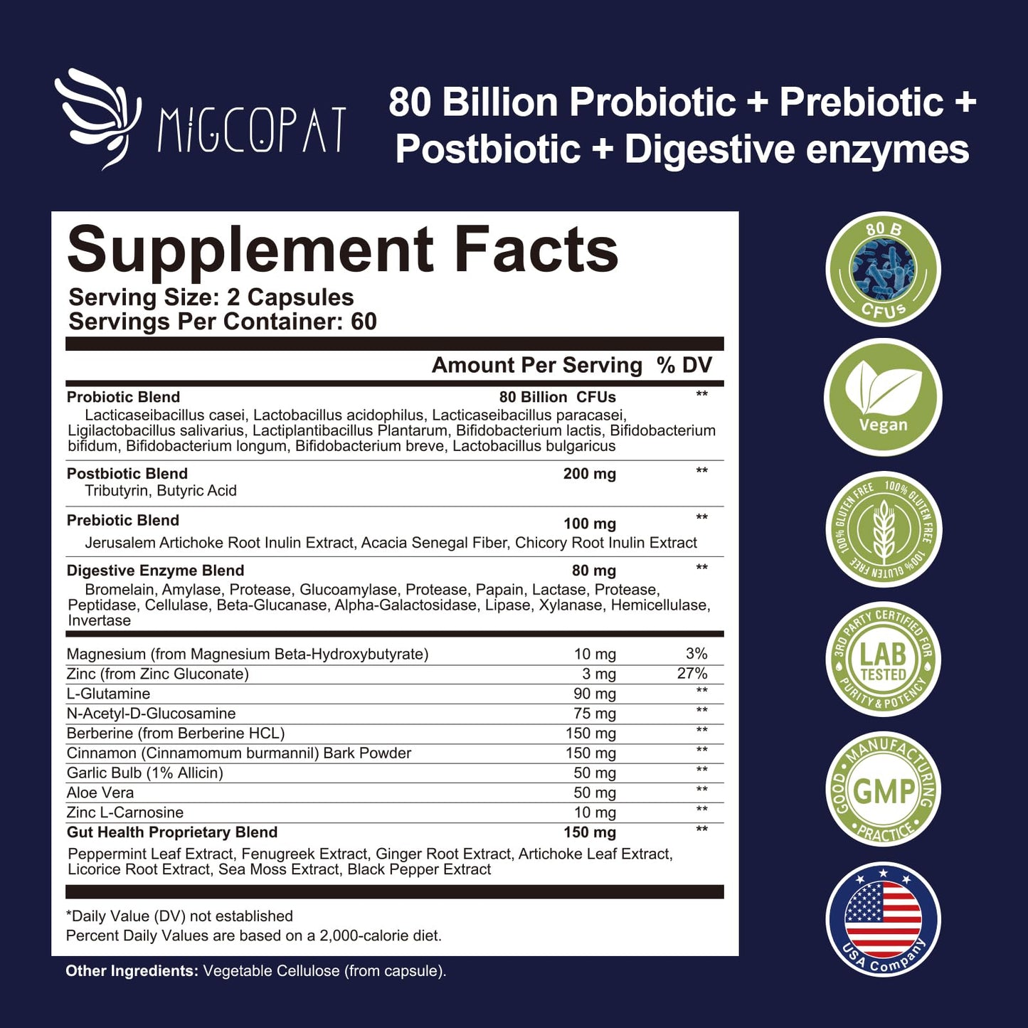 Migcopat Probiotic Prebiotic, Postbiotic & Digestive Enzymes for Digestive Health, 80 Billion CFU Probiotics Complete Gut Support with Berberine, Cinnamon, L-Glutamine - Maple Wellness Supplements