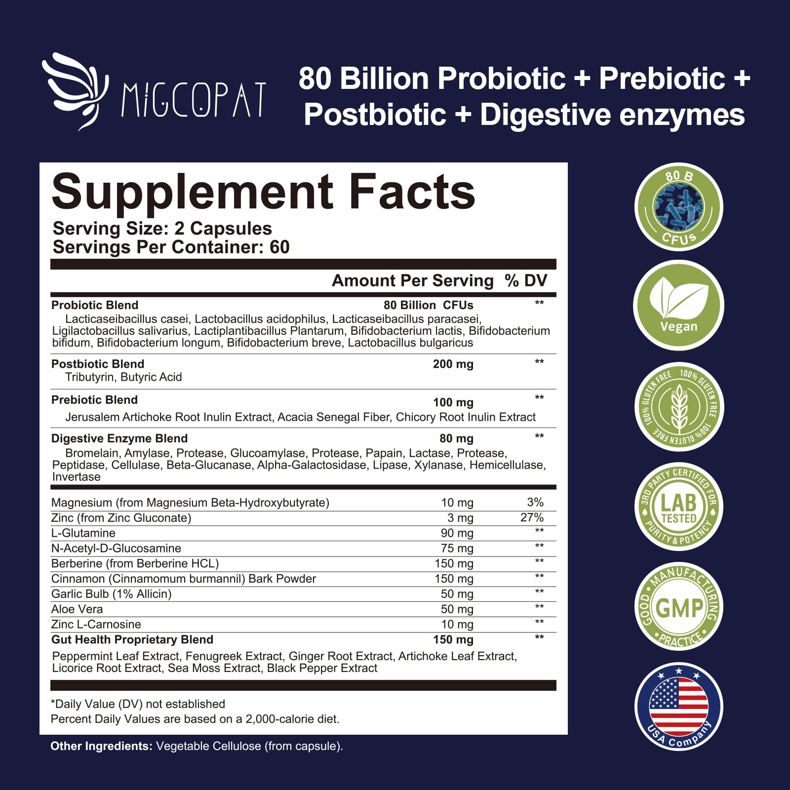 Migcopat Probiotic Prebiotic, Postbiotic & Digestive Enzymes for Digestive Health, 80 Billion CFU Probiotics Complete Gut Support with Berberine, Cinnamon, L-Glutamine - Maple Wellness Supplements