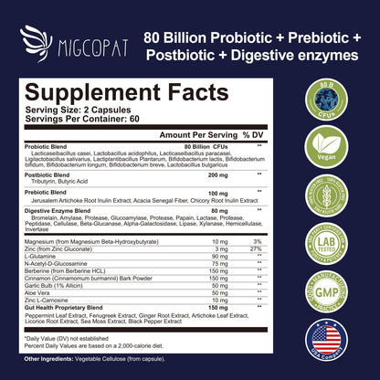 Migcopat Probiotic Prebiotic, Postbiotic & Digestive Enzymes for Digestive Health, 80 Billion CFU Probiotics Complete Gut Support with Berberine, Cinnamon, L-Glutamine - Maple Wellness Supplements