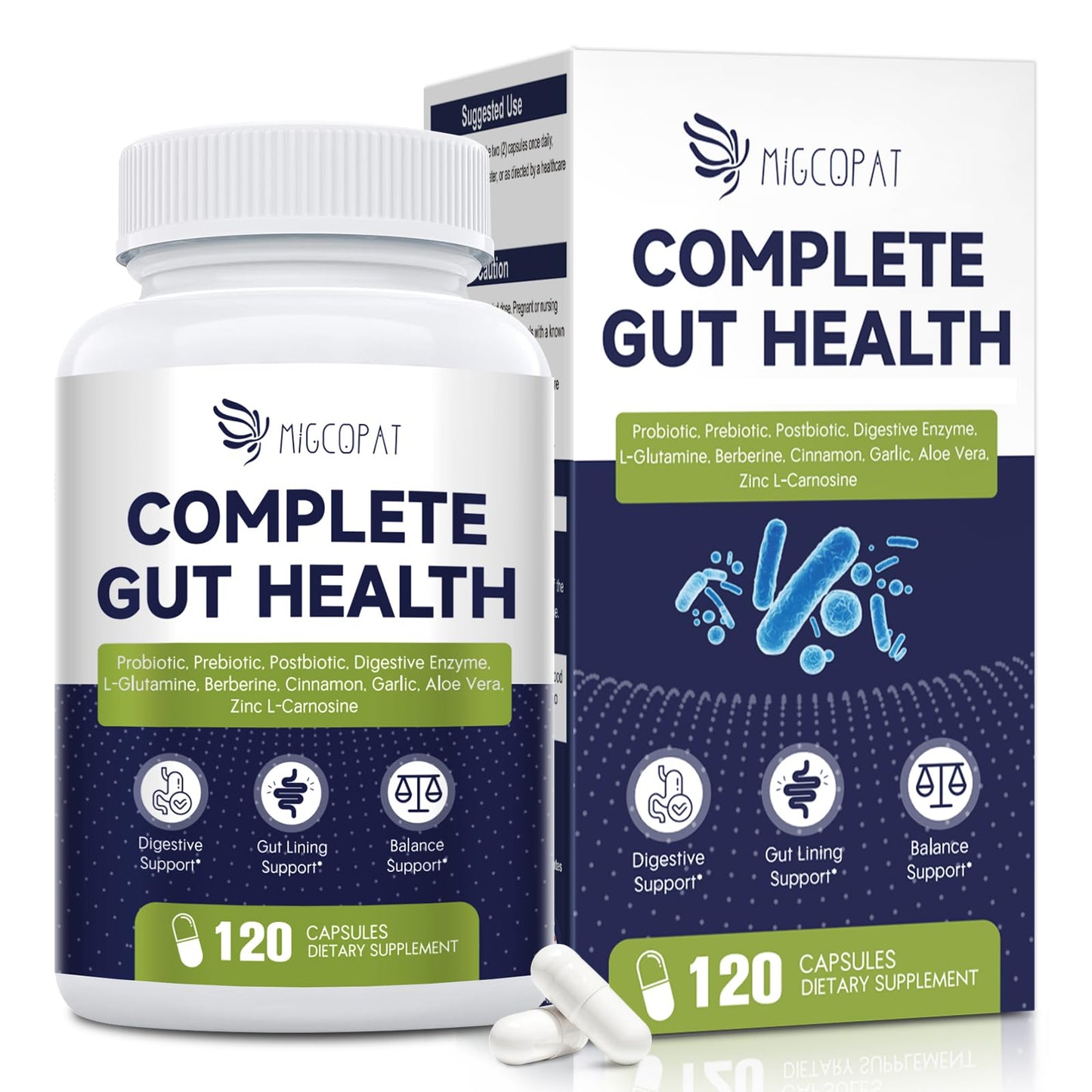 Migcopat Probiotic Prebiotic, Postbiotic & Digestive Enzymes for Digestive Health, 80 Billion CFU Probiotics Complete Gut Support with Berberine, Cinnamon, L-Glutamine - Maple Wellness Supplements