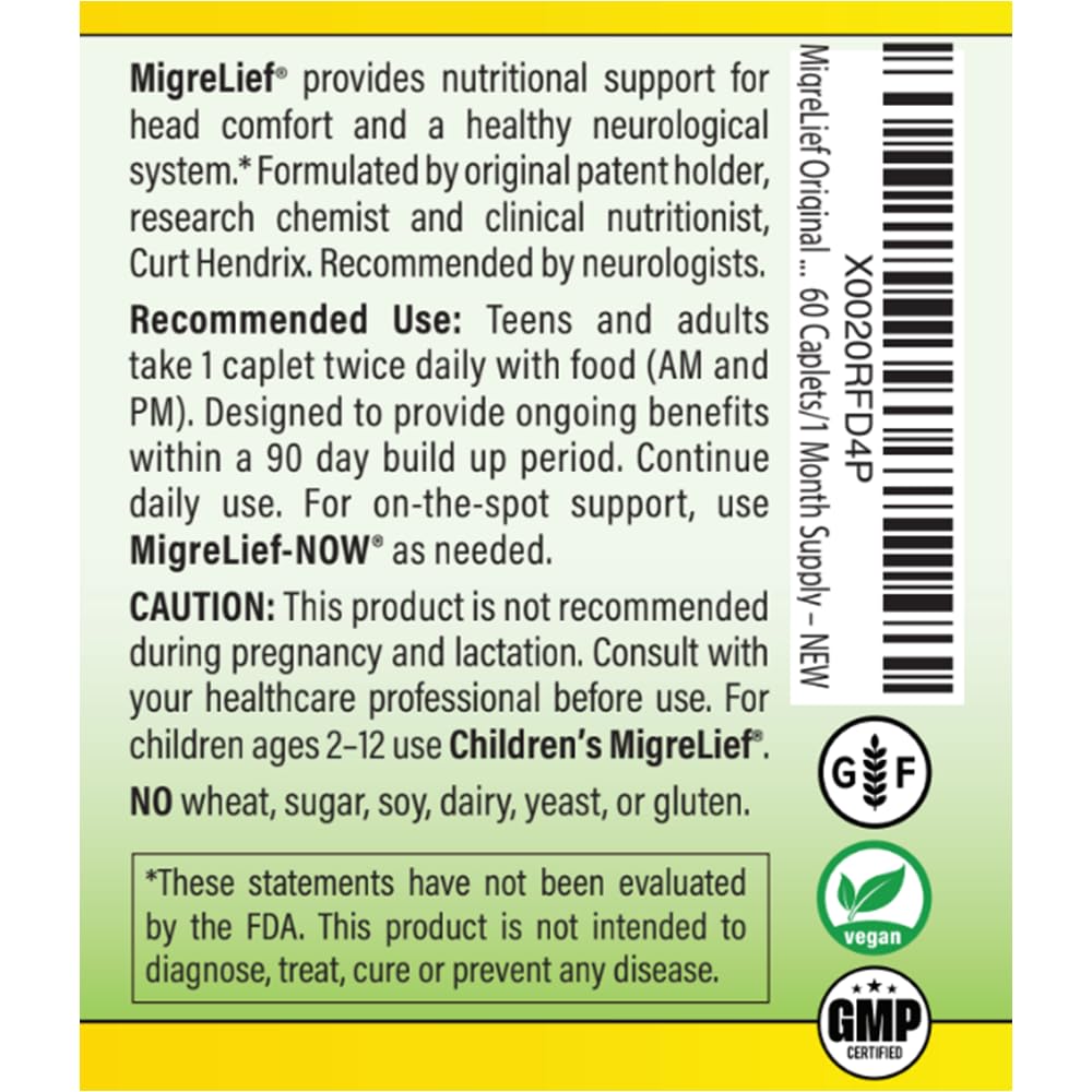 MigreLief Original Triple Therapy with Puracol - Nutritional Support for Migraine Sufferers - 60 Caplets/1 Month Supply - Maple Wellness Supplements