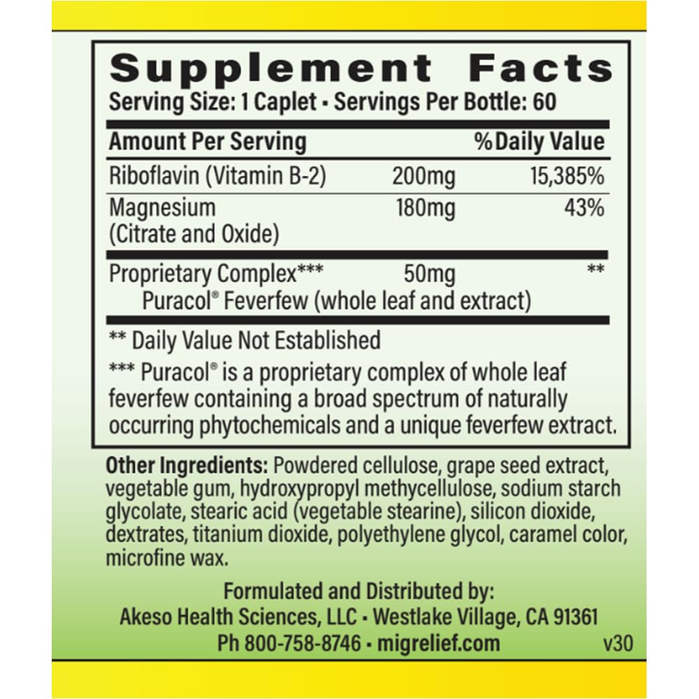 MigreLief Original Triple Therapy with Puracol - Nutritional Support for Migraine Sufferers - 60 Caplets/1 Month Supply - Maple Wellness Supplements