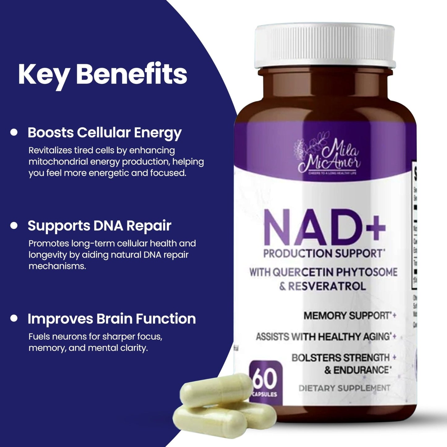 Mila Miamor NAD+ for Cellular Energy & Anti-Aging Supplement| Boost Focus, Vitality & Mitochondrial Function | Supports DNA Repair, Brain Health & Endurance | Non-GMO, Gluten-Free | 60 Capsules - Maple Wellness Supplements