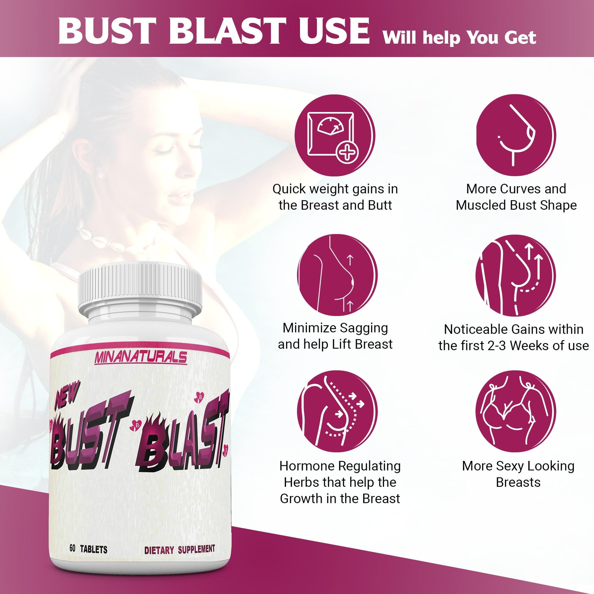 MINANATURALS Bust Blast Loaded Increase Breast Size Fast. Female Breast Enhancement - Bigger Boobs and Butt Pills. 60 Tablets - Maple Wellness Supplements