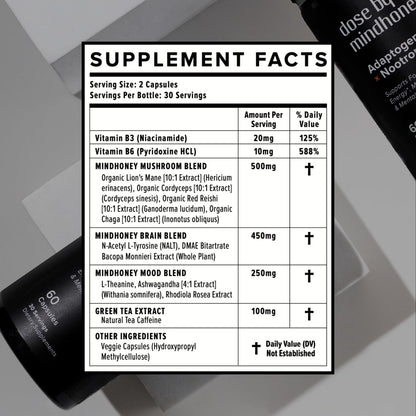 MINDHONEY | DOSE 60 Count, Premium All-in-One Nootropic Brain Supplement | Focus, Mood, Energy, & Memory | Functional Mushrooms & Adaptogens - Lion’s Mane, Ashwagandha, L-Theanine, Bacopa, & Vitamins - Maple Wellness Supplements