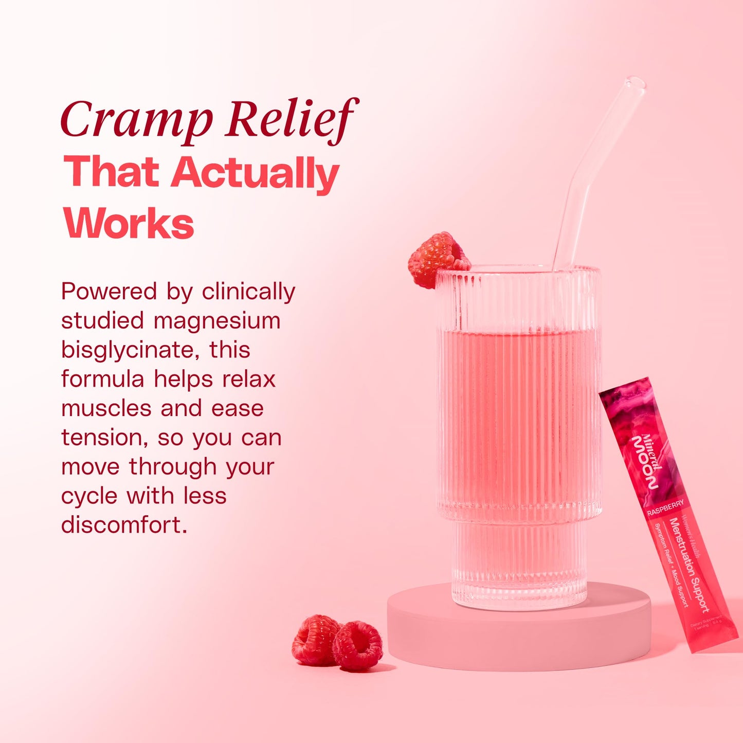 Mineral Moon Premium Menstruation Support - 14 Sachets Raspberry Drink - Hormonal Balance & PMS Support - Reduce Period Cramps, Fatigue & Nausea -with Magnesium Bisglycinate, BenfoPure B1 & Vitamin B6 - Maple Wellness Supplements
