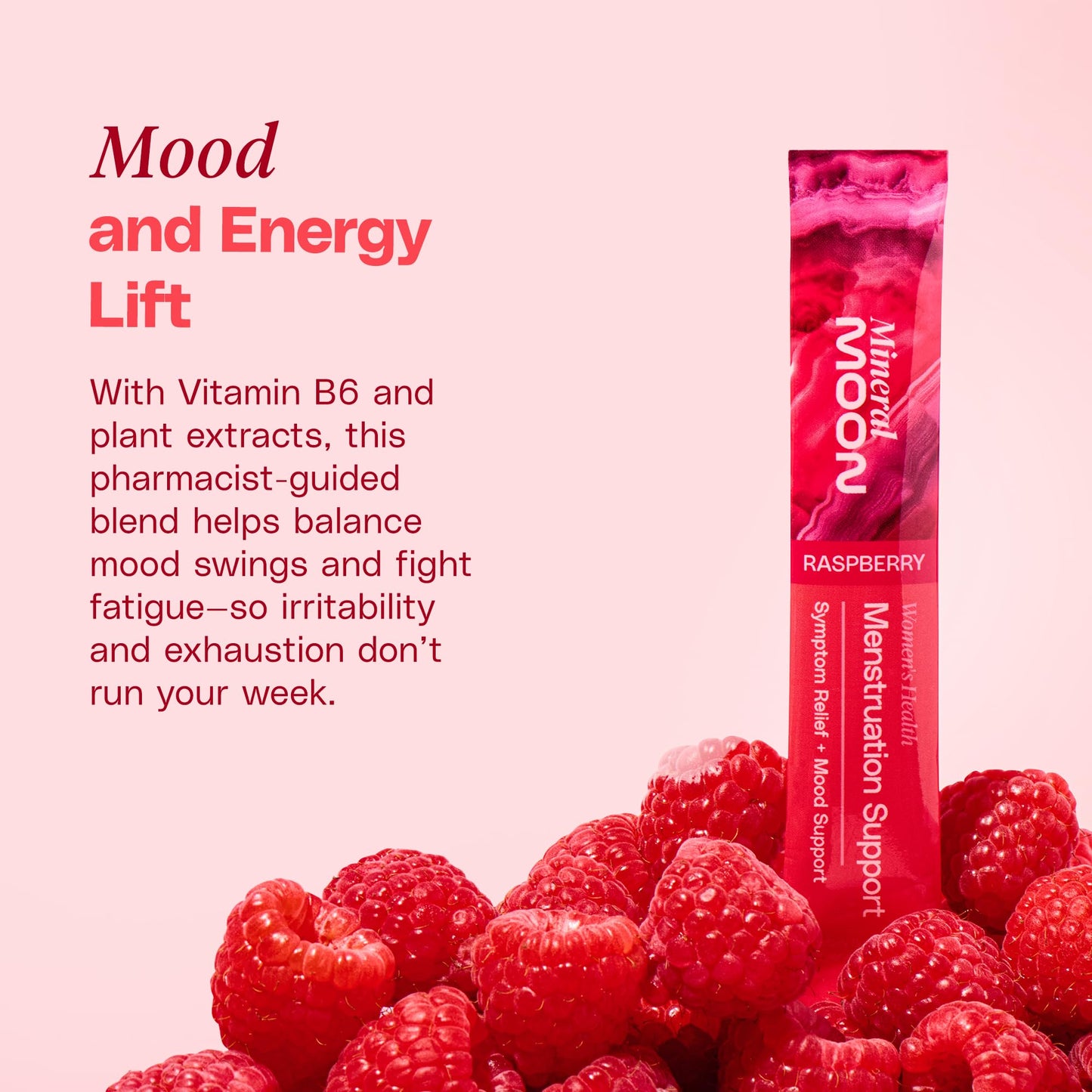 Mineral Moon Premium Menstruation Support - 14 Sachets Raspberry Drink - Hormonal Balance & PMS Support - Reduce Period Cramps, Fatigue & Nausea -with Magnesium Bisglycinate, BenfoPure B1 & Vitamin B6 - Maple Wellness Supplements