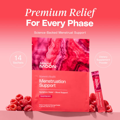 Mineral Moon Premium Menstruation Support - 14 Sachets Raspberry Drink - Hormonal Balance & PMS Support - Reduce Period Cramps, Fatigue & Nausea -with Magnesium Bisglycinate, BenfoPure B1 & Vitamin B6 - Maple Wellness Supplements