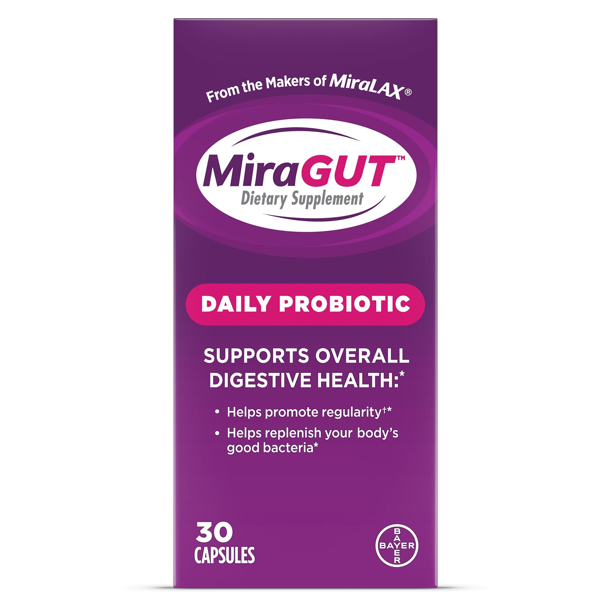 MiraGUT Daily Probiotic, from the Makers of MiraLAX, Probiotics for Digestive Health, Gluten-Free Supplement, Probiotic for Women and Men - Maple Wellness Supplements