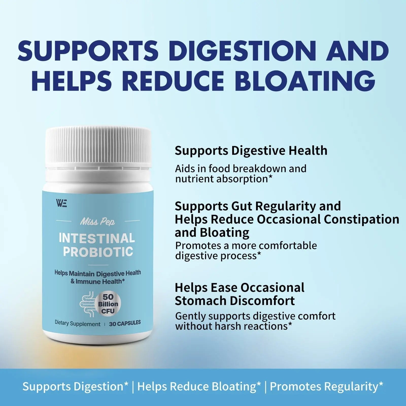 MISS PEP Probiotics 50 Billion CFU - 8 Unique Strains + 3 Prebiotics - Immune, Digestive & Gut Health - Supports Occasional Constipation, Diarrhea, Gas & Bloating - Probiotics for Women & Men - 30ct - Maple Wellness Supplements