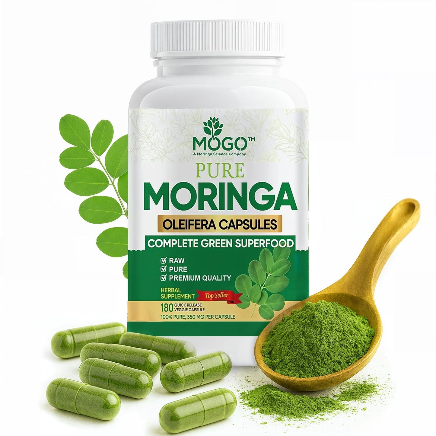 MOGO Moringa Capsules -180 Ct| Boost Energy, Immune, Gut, Joint Support | Made with Pure Organic Moringa Powder Organic Capsules | Made in USA - Maple Wellness Supplements