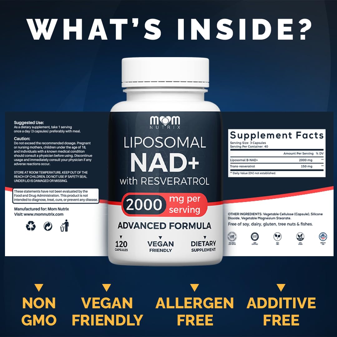 MOM NUTRIX Liposomal NAD Supplement with Resveratrol - High Purity NAD Plus 2000 mg, 120 Capsules, Made in The USA - NMN Alternative - Maple Wellness Supplements