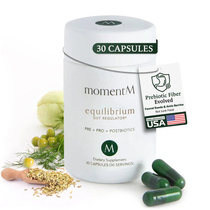 momentM Equilibrium 3-in-1 Probiotics for Women & Men Digestive Health, Prebiotics and Probiotics for Women with HOWARU Strains, Postbiotics & Fennel for Bloat & Gut Health,12.5B CFU, 30 Capsules - Maple Wellness Supplements