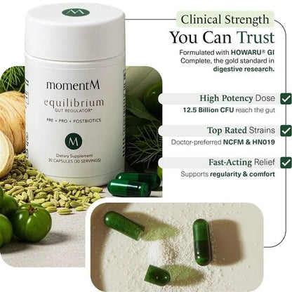 momentM Equilibrium 3-in-1 Probiotics for Women & Men Digestive Health, Prebiotics and Probiotics for Women with HOWARU Strains, Postbiotics & Fennel for Bloat & Gut Health,12.5B CFU, 30 Capsules - Maple Wellness Supplements