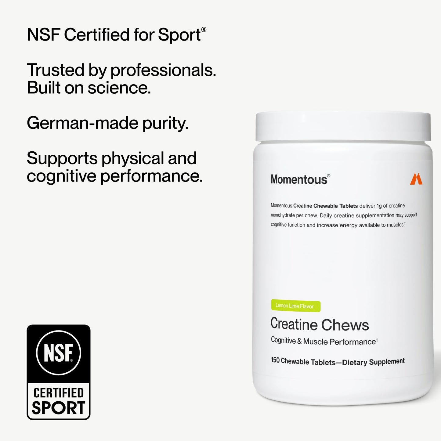 Momentous Creatine Chews - Creatine Monohydrate - Supports Strength, Lean Muscle, & Recovery for Men & Women - NSF Certified for Sport - 150 Chewable Tablets - Lemon Lime - Maple Wellness Supplements