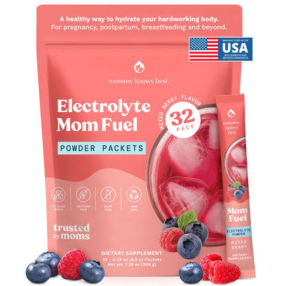 Mommy Knows Best Mom Fuel Electrolyte Drink Mix for Moms, Hydration Support - for Pregnancy, Prenatal, Electrolytes + Trace Minerals, Lactation Drink Mix Supplement (32 Count) - Maple Wellness Supplements