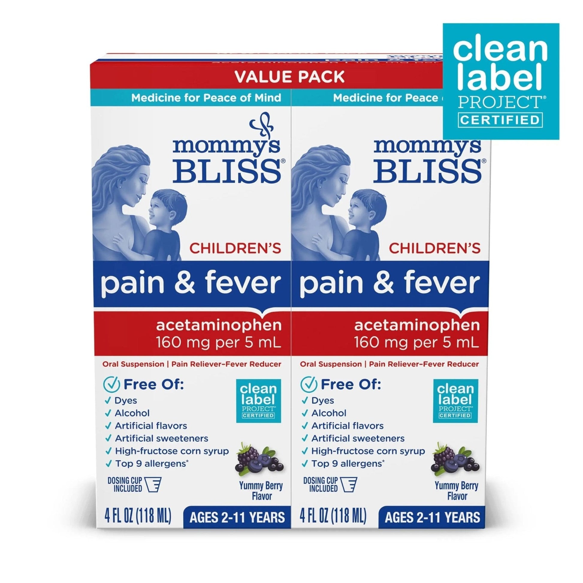 Mommy's Bliss Children's Pain and Fever Reducer, Kids Acetaminophen, Dye Free, Delicious Mixed Berry Flavor, Ages 2+, 4 Fluid Ounces (Pack of 2) - Maple Wellness Supplements