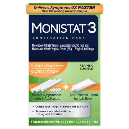 Monistat 3-Day Yeast Infection Treatment for Women, 3 Miconazole Vaginal Suppositories & External Itch Relief Cream (9g Tube) Combo Pack - Maple Wellness Supplements