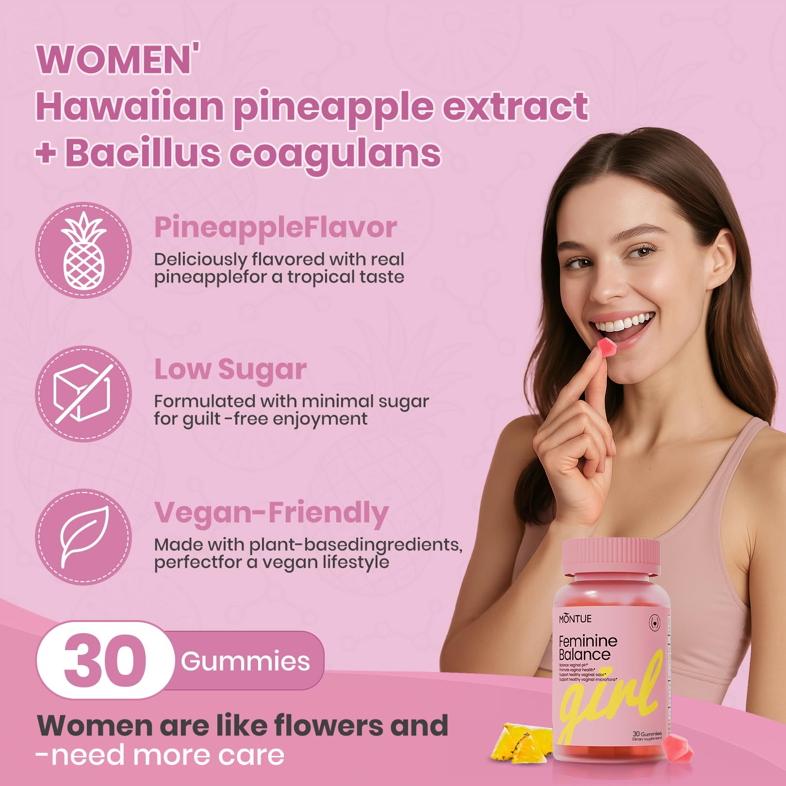 Montue Premium Diamond Feminine Balance Gummies-pH Balance with Prebiotics & Lactobacillus Probiotic Blend&Hawaiian Pineapple Immune Support,Vegan& Non-GMO（30 Gummies） - Maple Wellness Supplements