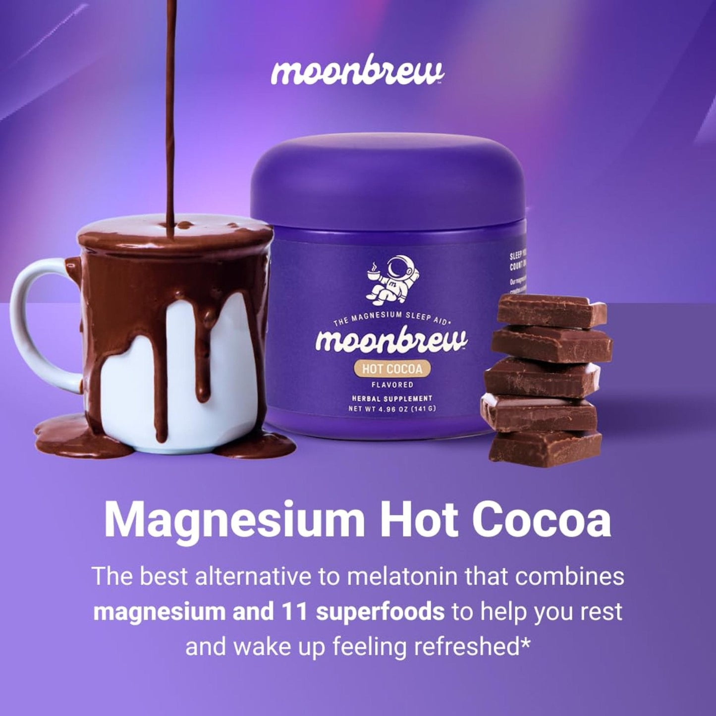 MoonBrew Nighttime Magnesium Hot Cocoa Jar, Natural Sleep Aid Drink Mix for Adults - Calming Melatonin-Free Sleep Support - Sleepy Hot Chocolate Powder with L-Theanine, - Maple Wellness Supplements