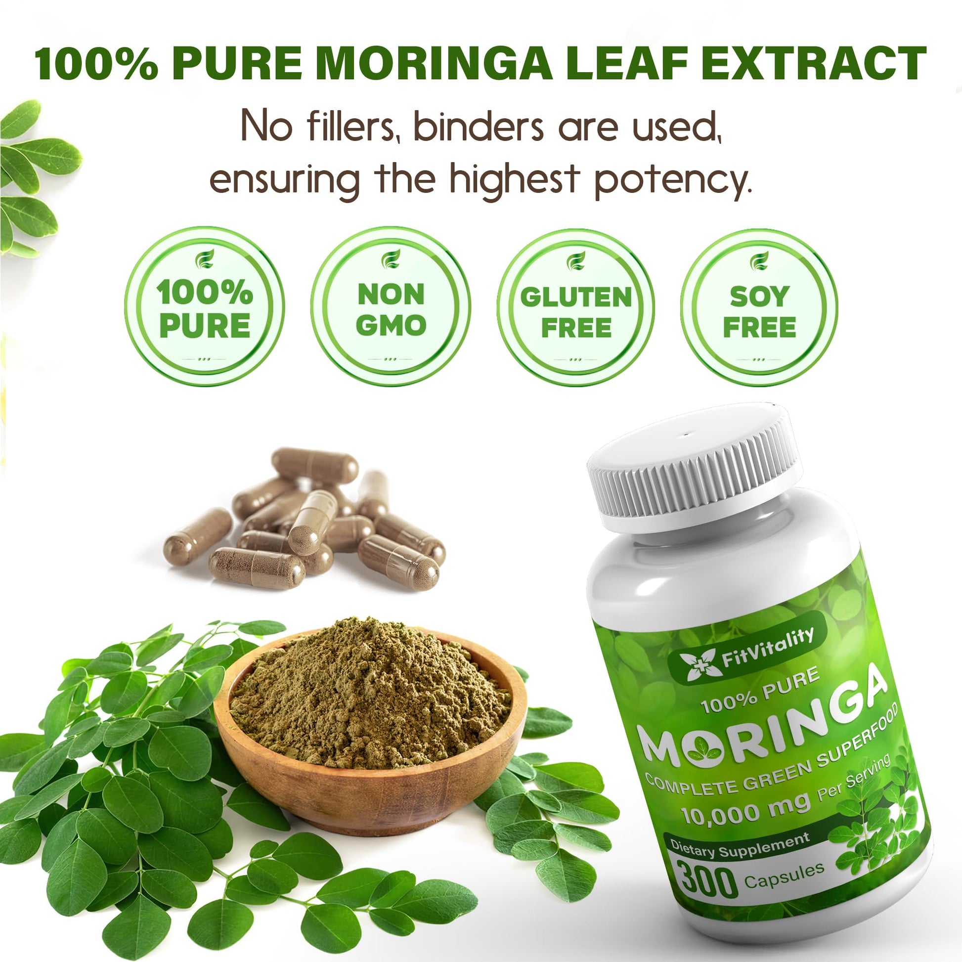 Moringa Capsules| Moringa Oleifera |10,000mg| 300 Capsules| 100% Pure| Non-GMO - Maple Wellness Supplements